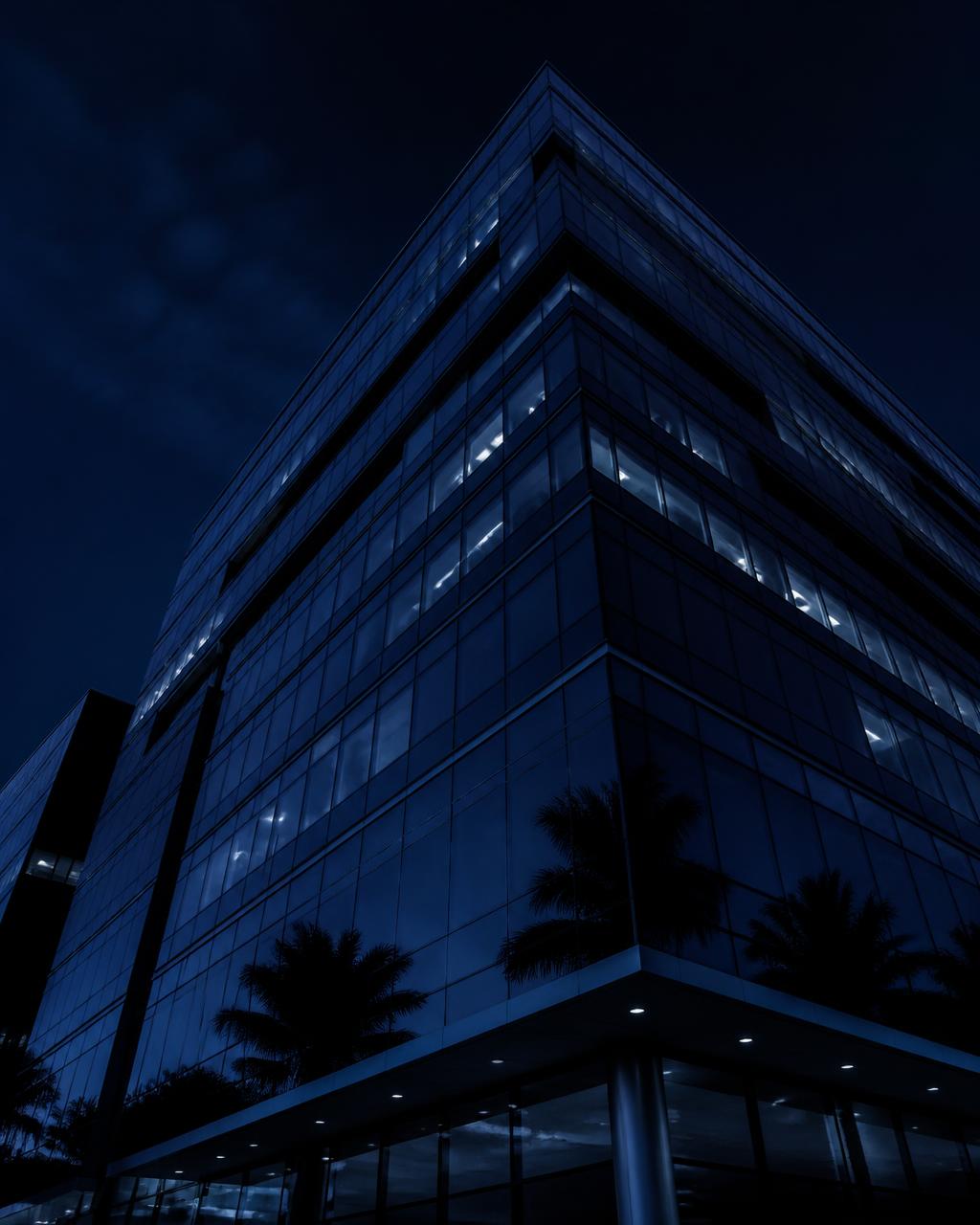 Modern glass office tower in Umhlanga, Durban at night